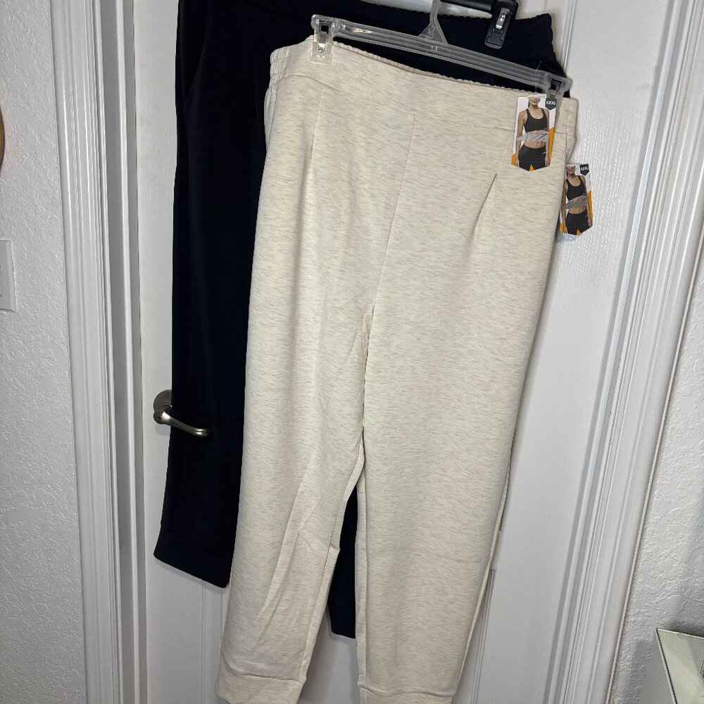 2 Avia Women's Scuba Knit Pleat Joggers, Wheat Heather & Black, XXXL 22 NEW